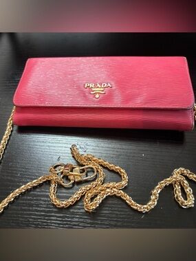 AuthenticWOC-Prada Pink Saffiano Leather Long Bifold Wallet Removable Gold Chain
